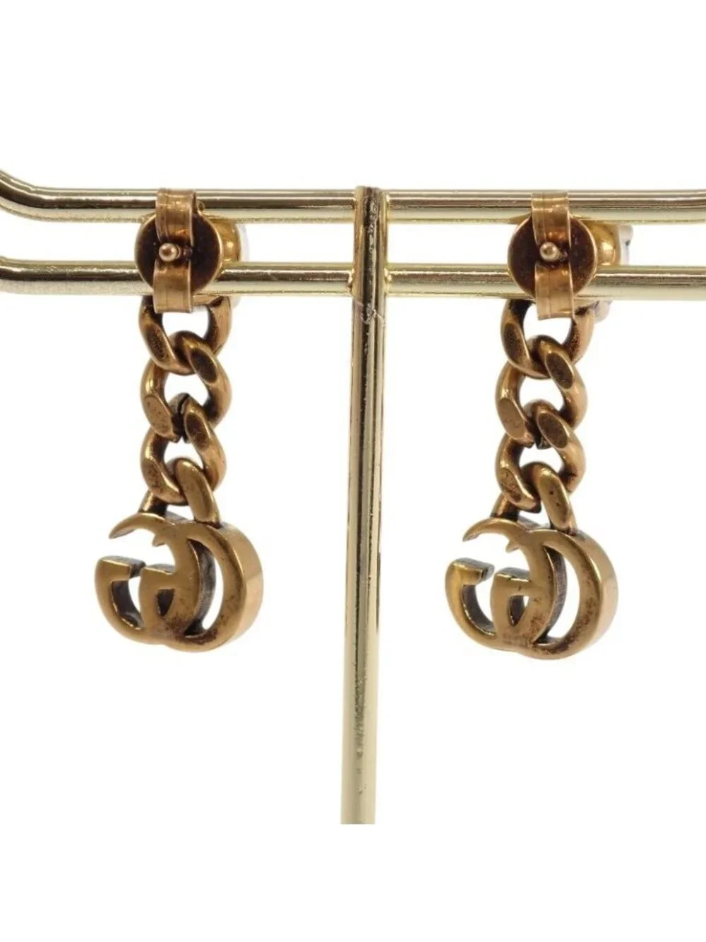 Gucci Crystal Double Earrings Metal Aging Gold